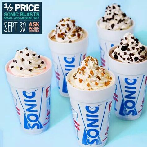 Half price Blast at Sonic:   Stop by Sonic  tomorrow September 30 for ½ price SONIC Blasts all day.  LIMIT 2 per transaction. Make sure mention when ordering. Offer includes small and medium sizes only. Sonic Blast, Sonic Drive In, Restaurant Deals, Instant Win Games, Food Wallpaper, Mini Golf, Half Price, Today Only, All Time