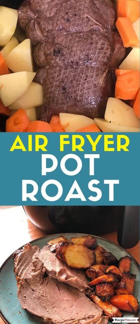 Air Fryer Pot Roast. How to cook a pot roast in the air fryer. Load the air fryer with a beef roast, carrots, and potatoes for a delicious one pot easy air fryer meal. #airfryer #airfryerrecipes #airfryerroast #potroast Air Fryer Pot Roast, Roast In The Air Fryer, Air Fryer Pumpkin, Air Fryer Recipes Beef, Roast Beef And Potatoes, Crockpot Roast Recipes, Roasted Potatoes And Carrots, Mississippi Roast, Pot Roast Recipe