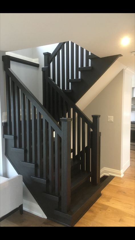 Staircase Redo, Painted Wood Stairs, Banister Ideas, Painted Stair Railings, Black Stair Railing, Wood Railings For Stairs, Loft Railing, Remodel House, Black Stairs