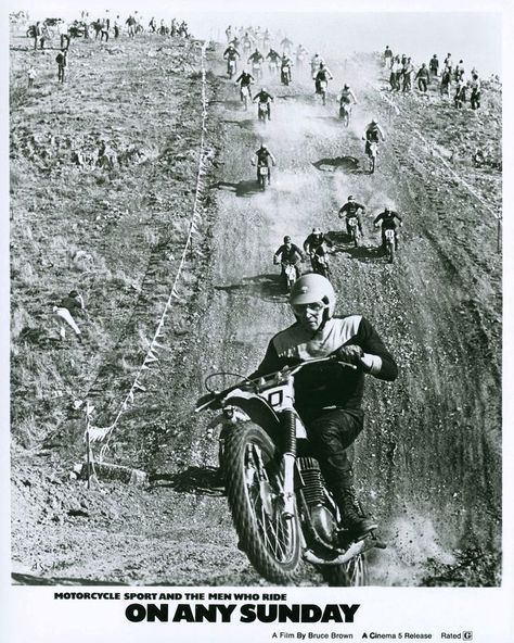 "On Any Sunday" Promotion: Adolf Weil leading the pack down Banzi Hill at Saddleback ... On Any Sunday, Vintage Motorcycle Photos, Cool Rides, Bike Posters, Motorcycle Ads, Motor Cross, Flat Track Motorcycle, Quonset Hut, Mx Bikes