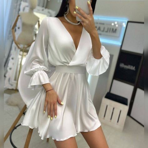 "White silk mini dress for fantastic look!" Silk Dress Outfit Classy, White Silk Mini Dress, Silk Dresses Outfit, Elegant Silk Dresses, Wedding Outfits For Women, White Silk Dress, Silk Dress Short, 2piece Outfits, Mode Kimono