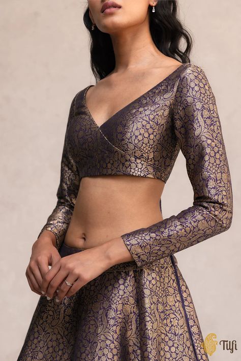 Navy Blue Lehenga, Brocade Blouse Designs, Simple Lehenga, Lehenga Designs Simple, Fashionable Saree Blouse Designs, Silk Saree Blouse Designs, Blouse Designs Silk, Indian Dresses Traditional, Elegant Blouse Designs