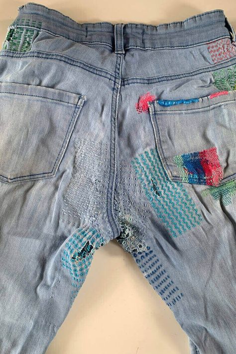 3 ways to repair the crotch of your jeans #visiblemending #JeansRepair #MendingJeans #DenimRepair Fixing Rips In Jeans, Mend Holes In Jeans, Visible Mending Jeans Inner Thigh, Mending Jeans Crotch Ideas, Repairing Jeans, Visible Mending Jeans, Repaired Jeans, Patched Jeans Diy, Jeans Repair