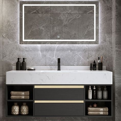 40" Floating Bathroom Vanity with Ceramic Sink 2 Drawers and Shelves Bathroom Sink Design, Black Vanity Bathroom, Floating Bathroom Vanities, Wall Mounted Bathroom Cabinets, Grey Bathroom Vanity, Bad Inspiration, Floating Bathroom Vanity, Vanity Design, Single Sink Vanity