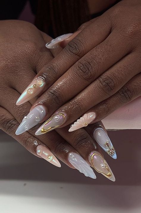 Aphrodite Inspired Nails, Aphrodite Nail Design, Island Vibe Nails, Goddess Nails Designs Gold, Gold French Tip Stilleto Nails, Gel X Nail Art, Greek Goddess Nails, Gold 3d Chrome Nails, Blue And Gold Nails