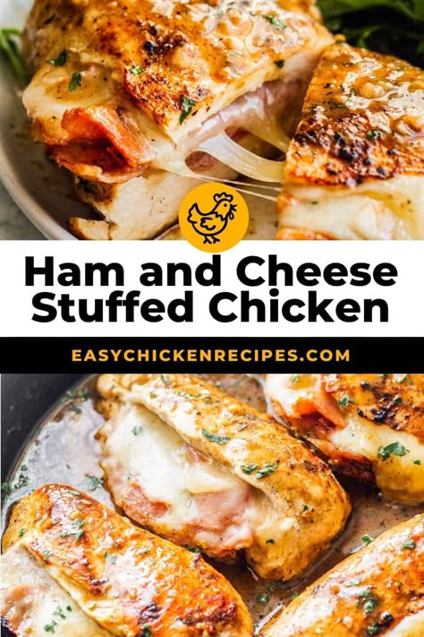 Prepare a stuffed version of your favorite meat with this Ham Stuffed Chicken recipe. The chicken is cheesy, juicy, and delicious! Ham And Cheese Stuffed Chicken, Balsamic Chicken Breast, Stuffed Chicken Breast Recipes, Baked Stuffed Chicken, Stuff Chicken, Stuffed Chicken Recipe, Dinner Ideas Chicken, Cheese Stuffed Chicken Breast, Stuffed Chicken Breasts