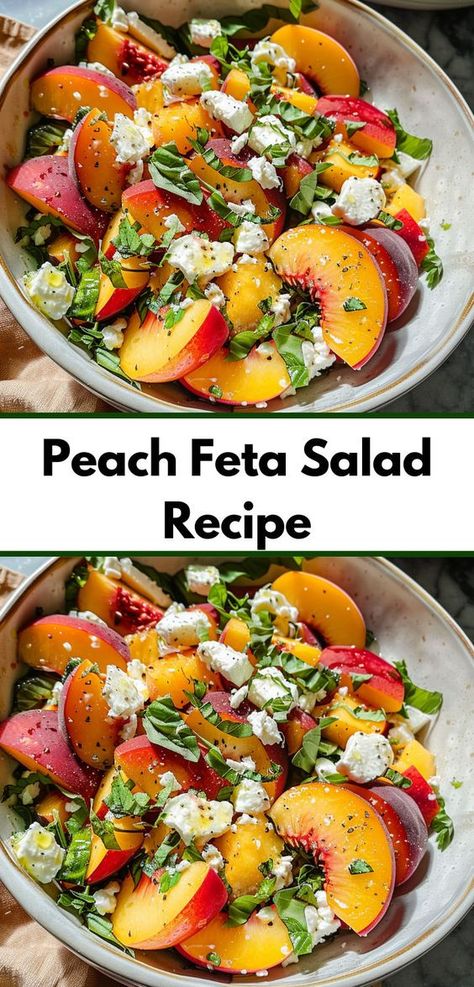 Want a refreshing peach salad recipe? Our Simple Peach Feta Salad blends juicy peaches with creamy feta. Among the top fresh peach recipes, this salad is a must-try for easy, delicious salad ideas. Peach Raspberry Salad, Peaches Salad Recipes, Vegan Peach Salad, Salad Recipes With Peaches, Fall Peach Salad, Peach Salad With Chicken, Cooking With Peaches, Salad With Peaches And Feta, Peaches Recipes Dinner