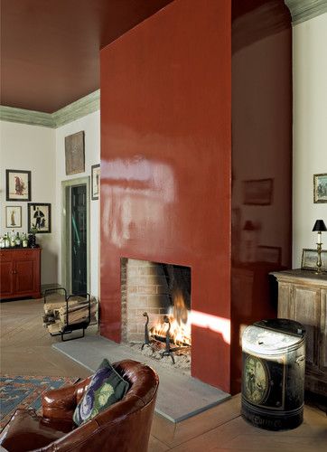 burnt orange fireplace with light grey walls Orange Fireplace, Red Fireplace, Interior Design Minimal, Living Room New York, Dining Room Victorian, Artist Home, Paint Fireplace, Light Grey Walls, Colored Ceiling