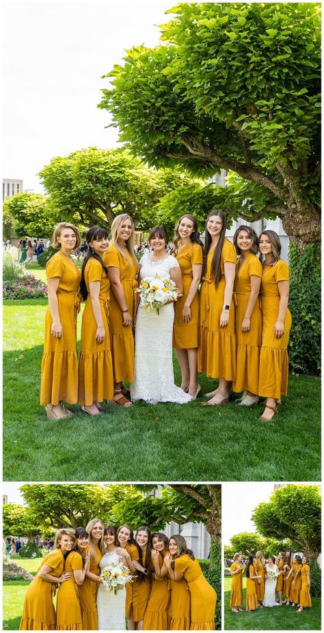 Salt Lake City Temple Wedding | Rachel & Rogelio | Utah Wedding Photographer | em & co photography Mustard yellow bridesmaids dresses Mustard Yellow Bridesmaid Dresses, Yellow Bridesmaids Dresses, Mustard Bridesmaid Dresses, Salt Lake City Temple Wedding, Tan Groomsmen, Mustard Yellow Bridesmaid Dress, Mustard Yellow Outfit, Marigold Dress, Salt Lake City Temple