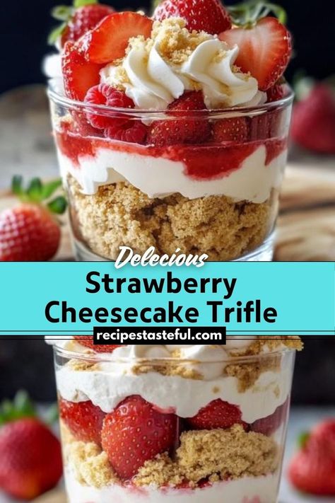 A creamy, fruity dessert featuring layers of fresh strawberries, rich cheesecake filling, and a buttery graham cracker crust. Quick and easy to assemble, perfect for any occasion. Strawberry Graham Cracker Dessert, Strawberry Cheesecake Trifle Recipe, Strawberry Cheesecake Trifle, Graham Cracker Dessert, Cake Trifle, Cracker Dessert, Fruity Dessert, Rich Cheesecake, Cheesecake Trifle