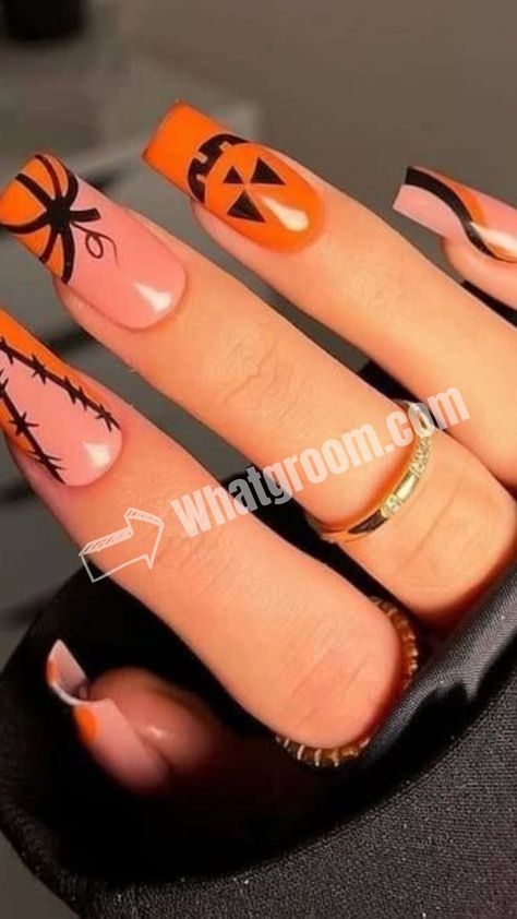 Pumpkin Face Nails, Face Nails Art, Unique Pumpkin Carving Ideas, Face Nails, Cross Nails, Nail Vinyls, Carved Pumpkin, Pumpkin Nails, Pumpkin Face