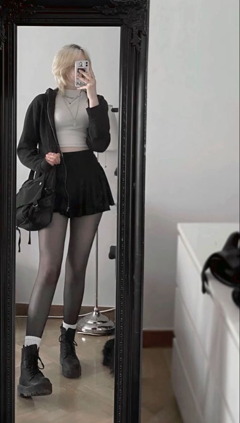 Ways To Style Fishnets, Spider Tights Outfit, Jadon Outfit Dr Martens, Thigh High Tight Outfits, Flower Tights Outfit, Alt Outfits With Skirt, Combat Shoes Outfit, Goth Mini Skirt Outfit, Elegant Grunge Outfits