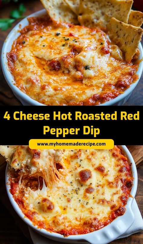 This 4 Cheese Hot Roasted Red Pepper Dip is a cheesy, flavorful appetizer that’s perfect for parties! With a blend of four cheeses and roasted red peppers, it’s a crowd-pleaser that’s rich and creamy. Dip With Bread, Bread Crackers, Best Dip Recipes, Roasted Red Pepper Dip, Red Pepper Dip, Pepper Dip, Cheesy Appetizer, Cheesy Dip, Stuffed Pepper Dip