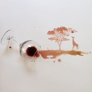 And even if something unexpected comes along, we’ve at least learned not to “wine” about it. Time to stretch and make the best of things! | This Artist Turns Food Messes Into Amazing Art Art Du Vin, Tee Kunst, Coffee Art Painting, Coffee Doodle, Spilled Wine, Wine Painting, Spilled Coffee, Coffee Drawing, Coffee Painting