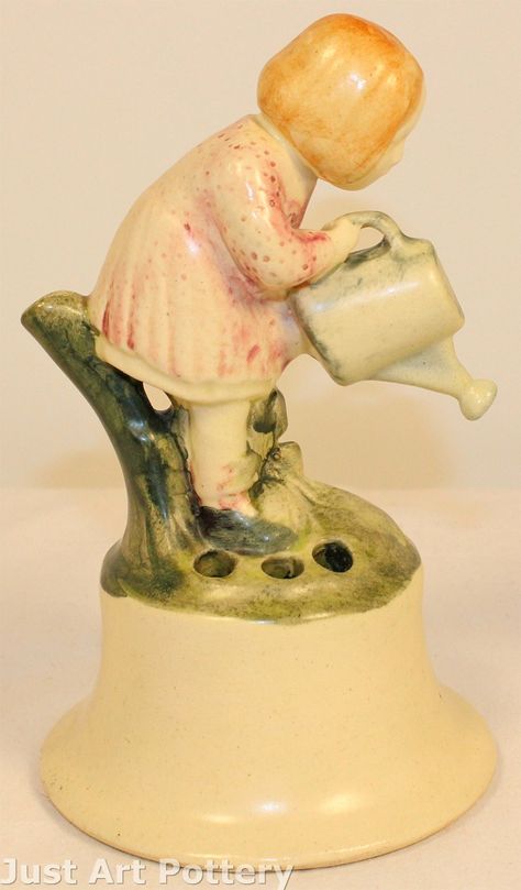 Weller Pottery Muskota Girl With Watering Can Flower Frog from Just Art Pottery Frog Pottery, Floral Frogs, Mccoy Pottery Vases, Flower Frogs, Leaf Vase, Pie Bird, Weller Pottery, Pottery Collection, Jar Art