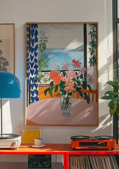 Matisse Painting, Pink Table, Vase Of Flowers, Front Of A Window, Overlooking The Sea, Colorful Foliage, Blue And White Patterns, White Ceiling Emetivita is here to help you create laid-back spaces, filled with stylish and simple art displays. Whether on top of a living room console or a bedroom dresser, above a couch or in bathroom, wall art prints are an effortless way to elevate a space and make it more inspiring while working from home. I N C L U D E D - F I L E S Included are 5 high resolution JPG image files at 300 dpi  A 4x5 ratio file for printing 4"x5", 8"x10", 16"x20", 40x50cm. A 3x4 ratio file for printing 6"x8", 9"x12", 12"x16", 18"x24" A 2x3 ratio file for printing 4"x6", 6"x9", 8"x12", 10"x15", 12"x18", 16"x24", 20"x30", 24"x36", 60x90cm. An international paper size file for Flower Vase Bedroom, Set Of Two Paintings, Colorful Room Aesthetic, Large Artwork Living Room, Art Over Couch, Matisse Paintings, Table Rose, Living Room Console, Vase Of Flowers