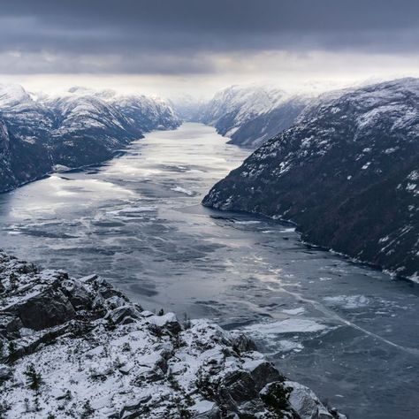 Outdoorlife Norway on Instagram: "WOAH! It’s not very often that we get sea ice in this neck of the woods! Our guide @erlendberne captured this image on January 20. . . Join us on a hike and experience the stunning beauty of the Lysefjord this winter | 🥾 Booking Link in Bio . . . #norway #preikestolen #pulpitrock #lysefjord #visitnorway #destinasjonryfylke #stavanger #regionstavanger #fjordnorway #fjord #mountain #thegreatoutdoors #guidedtour #ilovenorway #mittnorge #wanderlust #outdoorlifenorw Norway Mountains Winter, Fjords Aesthetic, Norway Winter, Norway Nature, Nordic Winter, 2023 Ideas, Norway Fjords, Landscape Inspiration, Sea Ice