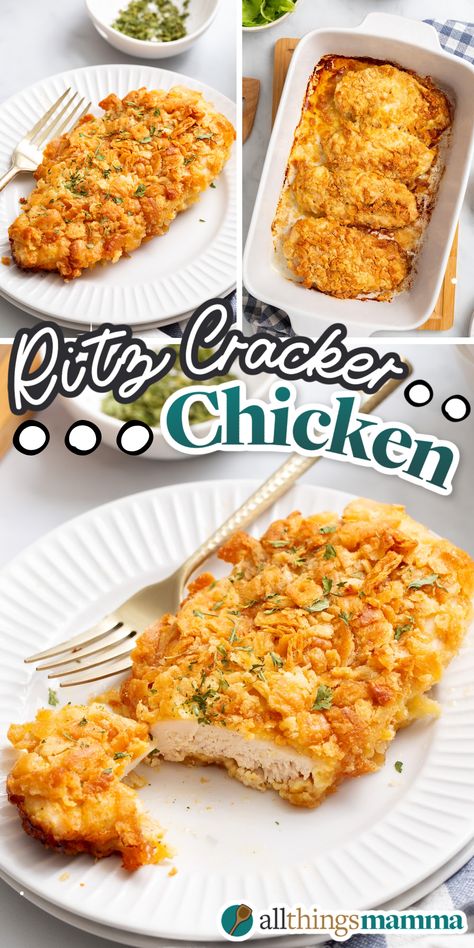 Ritz Cracker Chicken collage image pin. Ritz Cracker Chicken Recipes, Ranch Ritz Cracker Chicken, Chicken Ritz Crackers Baked, Ritz Cracker Chicken With Mayo, Club Cracker Chicken, Quick Skillet Chicken Recipes, Baked Ritz Cracker Chicken, Chicken For A Party, Chicken Recipes In The Oven