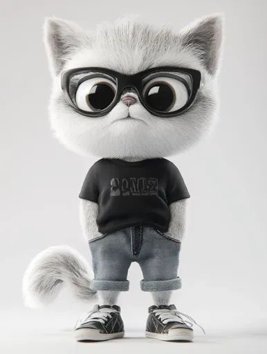 ↑↑↑ Larger size on website 🔸 A fluffy white cat with large, round eyes is wearing a black t-shirt, blue jeans, and black-rimmed g Fluffy White Cat, Anthropomorphic Cat, Black Rimmed Glasses, Playful Expression, Fur Texture, Round Eyes, Black Rims, Long Tail, Big Eyes