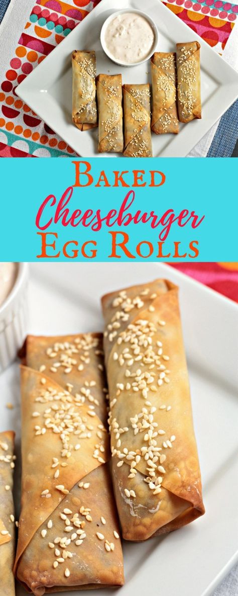 Cheeseburger Egg Rolls Recipe, Baked Cheeseburger, Cheeseburger Egg Rolls, Baked Wontons, Wonton Wrapper Recipes, Wonton Recipes, Egg Roll Wrappers, Egg Roll Recipes, Wonton Wrappers