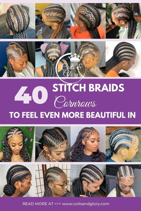 Stitched Straight Back Braids, Jumbo Cornrow Braids Straight Back, Waist Length Feed In Braids, Simple Stitch Braid Styles, Feed Ins Cornrows, Side Part Feed In Braids Cornrows, Diy Lemonade Braids, Scalp Braids Designs, Stiches All Back Hairstyle