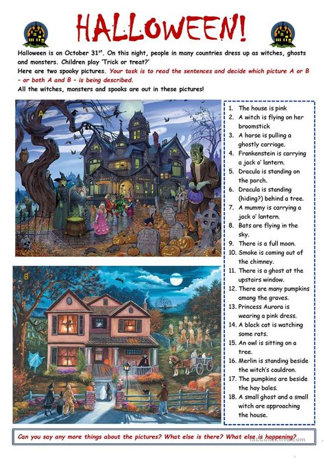 Picture description of Halloween houses - English ESL Worksheets for distance learning and physical classrooms October Worksheets, Halloween Esl, Irish Games, Halloween Teaching, House Description, Halloween Houses, Spooky Pictures, Halloween Lesson, Halloween Reading