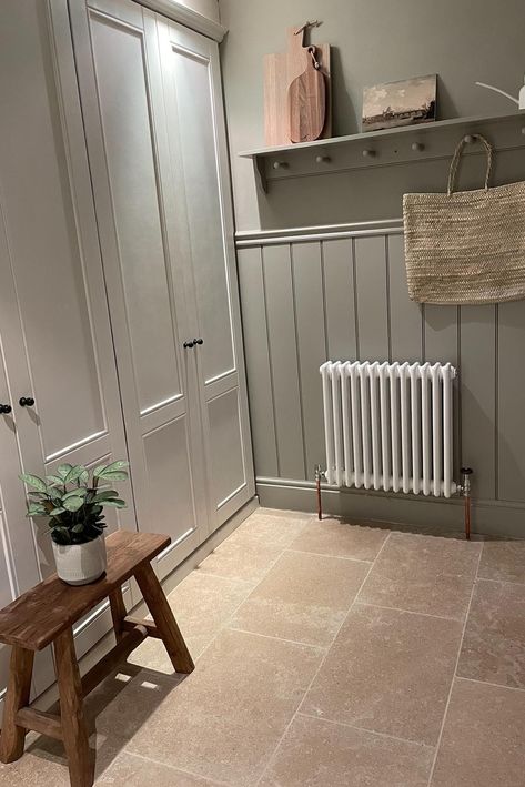 Radiator Ideas, Cottage Entryway, Kitchen Radiator, Small Utility Room, Utility Room Designs, Old Radiators, Cosy Kitchen, Vertical Radiators, Cottage Renovation