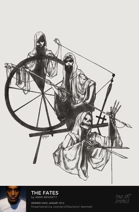 The Fates – or Moirai – are a group of three weaving goddesses who assign individual destinies to mortals at birth. Their names are Clotho (the Spinner), Lachesis (the Alloter) and Atropos (the Inflexible). Three Fates Tattoo, Fates Tattoo, Fate Tattoo, Witchcraft Tattoos, The Fates, Becoming A Tattoo Artist, Metaphysical Art, Greek Mythology Tattoos, Mythology Tattoos