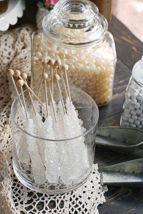 Vintage dessert table candy ideas! SO PRETTY! Bridal Shower Cake Ideas, Vanilla Meringue Cookies, Vintage Dessert Tables, Pretty Cake Stands, Rock Candy Sticks, Wedding Snacks, Bridal Shower Desserts, White Desserts, Candy Ideas