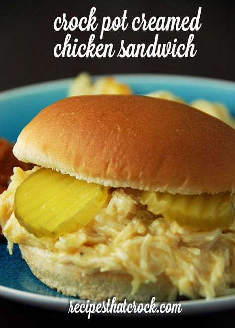 Crock Pot Creamed Chicken Sandwich-  The childhood potluck favorite! Creamed Chicken, Shredded Chicken Sandwiches, Crock Pot Food, Cream Chicken, Chicken Sandwich Recipes, Chicken Sandwiches, Crockpot Dishes, Crock Pot Slow Cooker, Soup And Sandwich