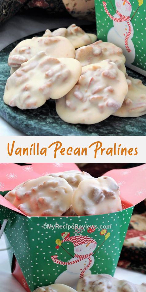 White Chocolate Praline, Chocolate Candy Recipes Using Molds, Candy Made With White Chocolate, White Chocolate Praline Fudge, White Chocolate Candies, Pecan Christmas Candy, Christmas Pecan Recipes, Pecan Pralines With Condensed Milk, White Chocolate Pecan Clusters