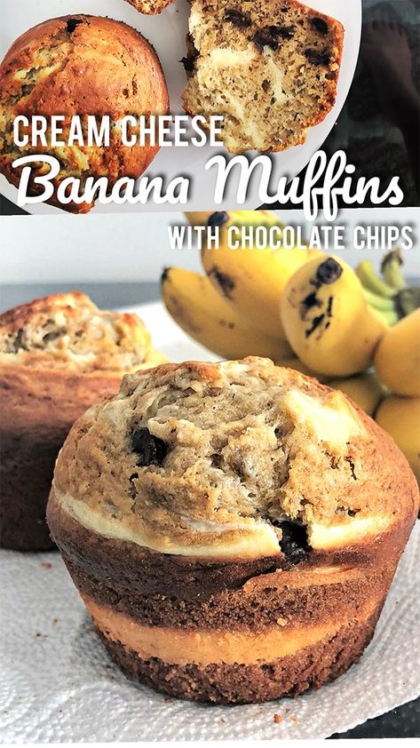 Banana Cheesecake Muffins, Cream Cheese Banana Muffins, Banana Muffins Cream Cheese, Banana Cream Cheese Muffins, Banana Muffins With Chocolate Chips, Banana Cream Cheese, Muffins With Chocolate Chips, Muffins With Chocolate, Banana Cream Cheesecake