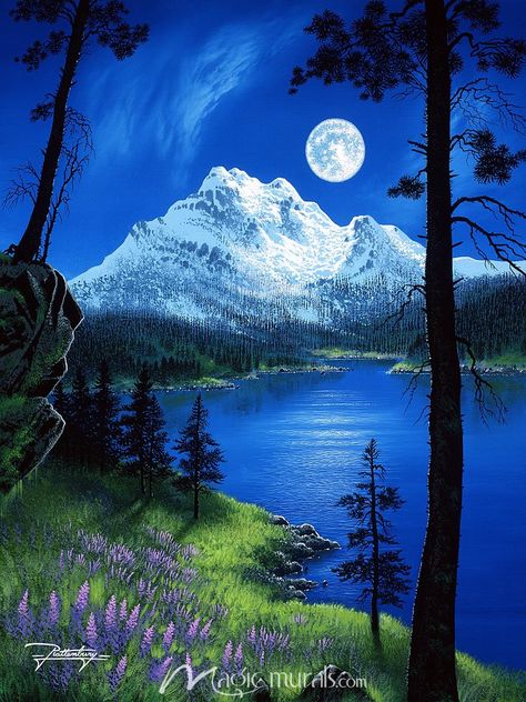 Inspiration Bay Wallpaper Wall Mural by Magic Murals Mountain Lake Painting, Art Wall Mural, Easy Landscape Paintings, Moonlight Painting, Acrylic Art Projects, Canvas Art Projects, Murals Wallpaper, Lake Painting, Wall Murals Painted