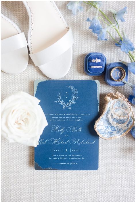 Carolina Blue Wedding, Invitation Flat Lay, Hanging Floral Installation, Blue Wedding Colors, Wedding Venues South Carolina, Bella Belle Shoes, Wedding Color Schemes Blue, Charleston South Carolina Wedding, Wedding Detail Photos