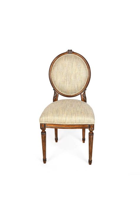 The Dior dining chair is shown in Cherry wood with a Leblon finish. Note the hand-carved detailing on the back and the fluted en carquois legs. Contemporary Dining Chairs, Wicker Chair, Cherry Wood, Dining Chair, The Back, Hand Carved, Dining Chairs, Upholstery, Cherry