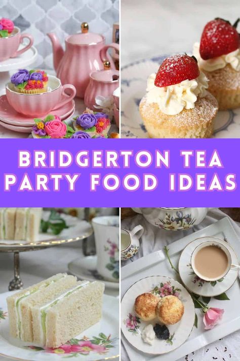 Bridgerton Themed Party Ideas: Food, Tea, Decor & More Bridgerton Sandwiches, Jane Austen Tea Party Food, Womans Party Ideas, Bridget Ton Tea Party, Bridgerton Afternoon Tea Ideas, Tea Brunch Party, Bridgerton Dessert Ideas, Bridgerton High Tea Party, Tea Time Decor