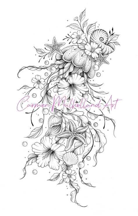 Skull With Tropical Flowers Tattoo, Sea Floral Tattoo, Aquatic Tattoo Sleeve For Women, Mermaid Ocean Sleeve Tattoo, Sharks And Flowers Tattoo, Aquatic Flower Tattoo, Water Sleeve Tattoo Women, Beachy Sleeve Tattoos For Women, Floral Aquatic Tattoo