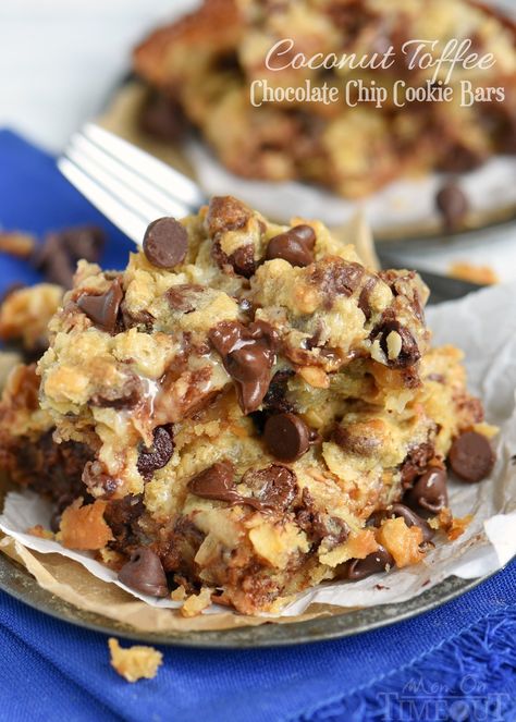 Coconut Toffee Chocolate Chip Cookie Bars Recipe Coconut Toffee, Chocolate Chip Cookie Bar Recipe, Toffee Chocolate, Mom On Timeout, Toffee Bars, Coconut Chocolate, Cookie Bar, Chocolate Chip Cookie Bars, Toffee Bits