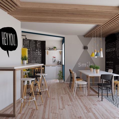 Dev Labs – Area to eat lunch and relax. – Quattro Studio Small Staff Break Room Ideas, Office Dining Area, Break Room Design, Office Canteen, Staff Lounge, Office Break Room, Office Wall Design, Church Interior Design, Student Room