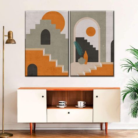 Mid Century Eclectic Art, Mid Century Desert Home, Modern Abstract Painting Diy, Large Living Room Layout, Mid Century Modern Wall Decor, Diy Canvas Art Easy, Painting Gold Leaf, Home Canvas, Mid Century Home