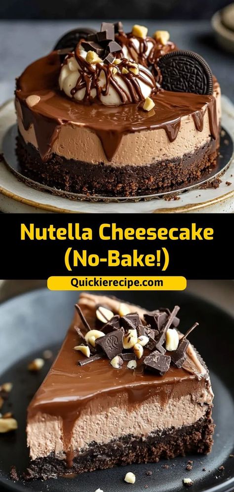 Rich, creamy, and loaded with Nutella, this No-Bake Nutella Cheesecake is a chocolate lover’s dream. With a buttery cookie crust and smooth Nutella filling, it’s a show-stopping dessert with no oven needed! Ingredients: 1 cup crushed graham crackers 1/4 cup butter, melted 1 cup Nutella 8 oz cream cheese A decadent no-bake dessert that’s pure Nutella bliss Nutella Cheesecake Recipe No Bake, Cream Cheese And Nutella Recipes, Nutella No Bake Recipes, Cookie Butter No Bake Cheesecake, Nutella No Bake Cheesecake, Nutella Cheesecake No Bake, No Bake Nutella Recipes, Nutella Dessert Recipe, Cheesecake Cups No Bake