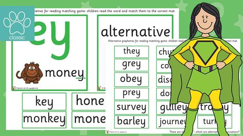 Phase 5 Phonics Alternative Grapheme Matching 'ey' A hands on sorting activity that gets children reading words aloud and deciding if they are the phoneme sound 'ey' or an alternative pronunciation. Games are available for all 15 sounds. To check out all our other amazing Phonics and Letters and Sounds themed resources, simply click the Topic Tags ... - www.tpet.co.uk - Classroom Resources by Teacher's Pet Ey Words Phonics, Phase 5 Phonics, Uk Classroom, Word Reading, Digraph Words, Children Reading, Letters And Sounds, Blends And Digraphs, Teacher's Pet