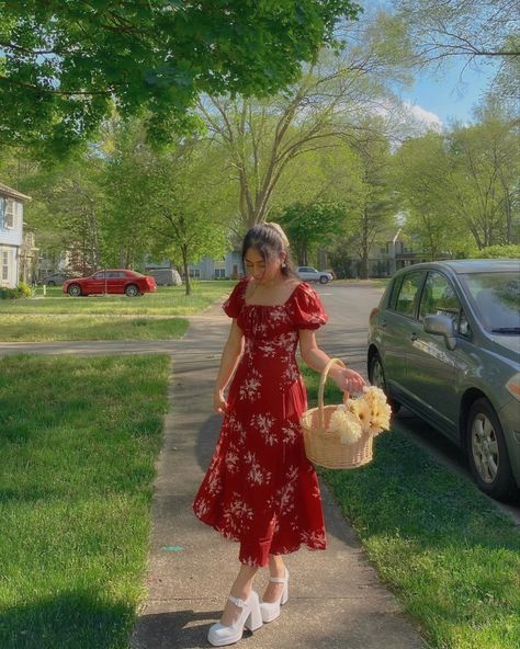 Cottagecore Red Dress, Cottagecore Dress, Red Floral Dress, Puffed Sleeves Dress, Red Floral, Floral Dress, Red Dress, Puff Sleeve, Midi Dress