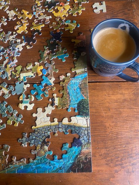 Aesthetic puzzle picture with latte Living A Quiet Life, Girl In Pieces Aesthetic, Puzzle Date, Cup Of Coffee Aesthetic, Romanticizing Life Aesthetic, Romanticize Your Life Aesthetic, Aesthetic Puzzle, Winter Hobbies, Romanticize A Quiet Life