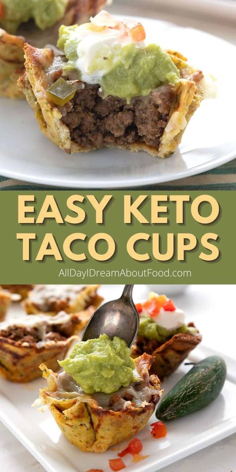 Missing tacos? Try these adorable keto taco cups! They feature delicious "tortilla" crusts filled with spicy taco meat and melted cheddar. Keto Taco Cups, Taco Cups, Keto Tortillas, Low Carb Mexican, Keto Diet Breakfast, Boiled Egg Diet Plan, Keto Taco, Low Carb Low Sugar, Low Carb Tortillas