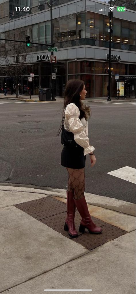 Pink Chanel Flats Outfit, Red Boots Skirt Outfit, Tall Red Boots Outfit, Brown Gogo Boots Outfit, Maroon Knee High Boots Outfit, Cherry Red Boots Outfit, Cherry Red Boots Fall, Red Leather Boots Outfit, Dark Red Boots Outfit