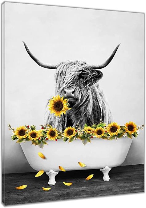 Bathtub Painting, Highland Cow Pictures, Shower Curtain Wall Art, Poster For Bathroom, Highland Cow Canvas, Wall Art Funny, Picture Poster, Cow Pictures, Cow Canvas