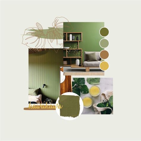 The Kawakawa plant has inspired a new series of prints I am working on and colour inspiration for your interior in this blog post. Olive greens, warm timber and accents of yellow brass are inspired interiors of the Kawakawa variety! Kawakawa Plant, Timber Aesthetic, Ceramic Moodboard, Swatch Board, Golf House, Office Green, Heart Shaped Leaves, Aesthetic Post, Presentation Boards