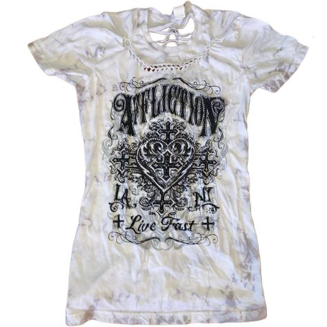 Affliction Women's White and Black Shirt | Depop Y2k Cross, Affliction Shirts, Affliction Shirt, The Shirt, Vintage Colors, White Tshirt, Hand Woven, Black Shirt, White And Black