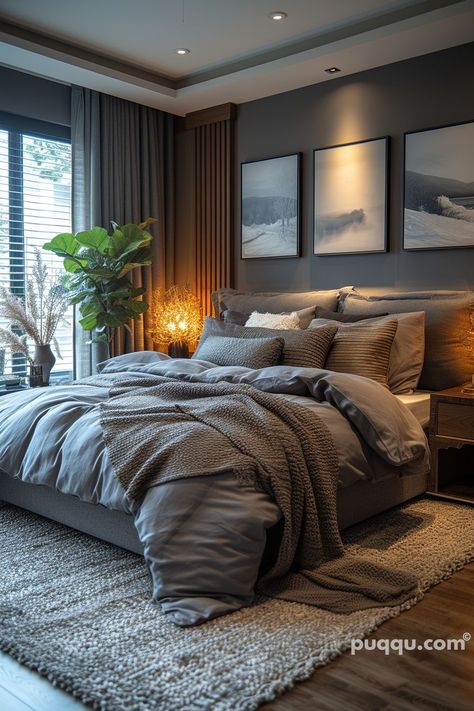 Dark Modern Bedroom, Gray Bedroom Walls, Design Ložnic, Apartment Vibes, Tranquil Bedroom, Room Vibes, Mens Bedroom, Brown Bedroom, Grey Bedroom